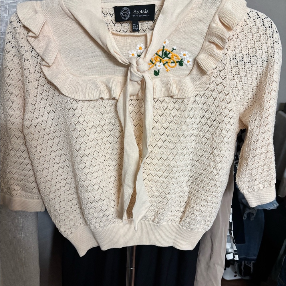 Cream Knit Sweater with Floral Detail